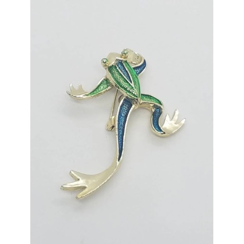 Vintage GERRY'S Stylized Jumping Leaping Frog Brooch Pin Teal‎ Enamel Gold Tone